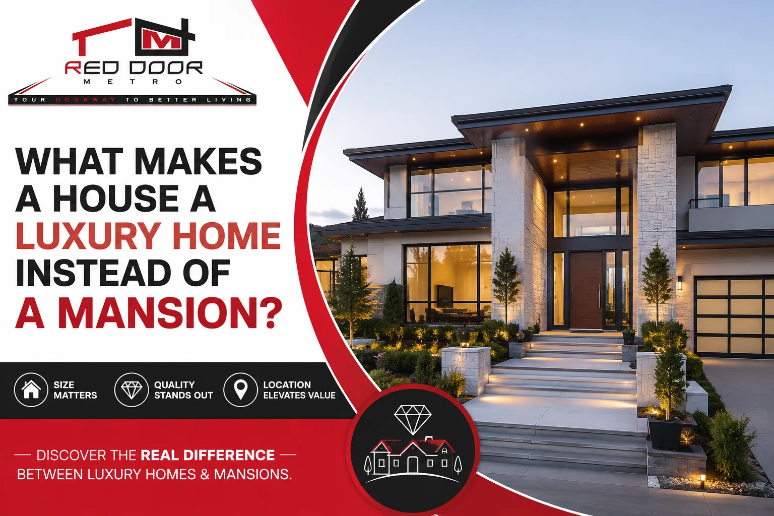 Luxury home vs mansion comparison featuring a modern luxury house and Red Door Metro branding.