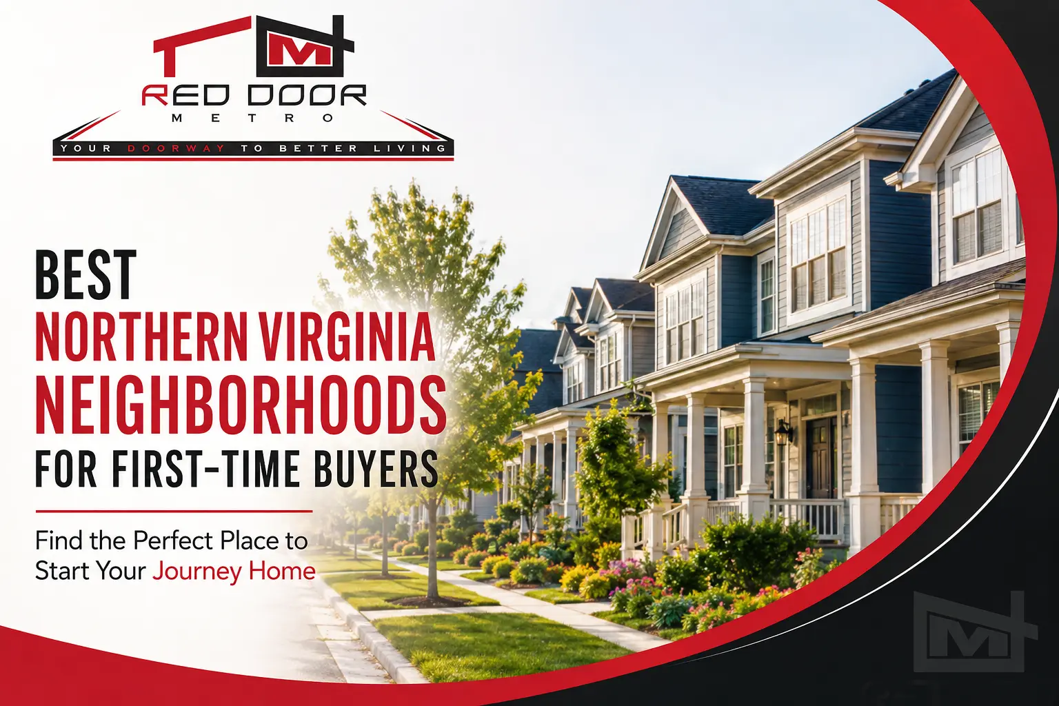 Red Door Metro featured image showcasing beautiful Northern Virginia suburban homes and tree-lined streets with the headline “Best Northern Virginia Neighborhoods for First-Time Buyers” and the tagline “Find the Perfect Place to Start Your Journey Home.”